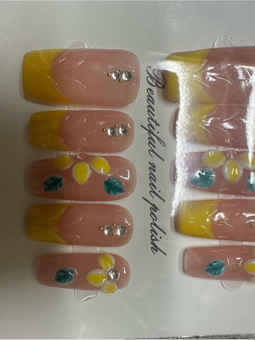 Pink & Yellow Floral Press-On Nails with Rhinestone Accents